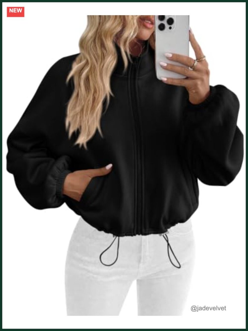 Cropped Zip Up Fleece Sweatshirt Stand Collar Drawstring Hem Pockets